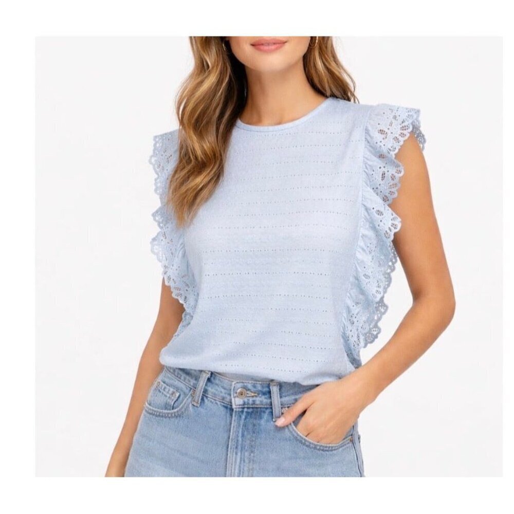 Juniors' SO Broderie Frill Top-NEW Sz MD eyelet cropped baby blue NWT blouse